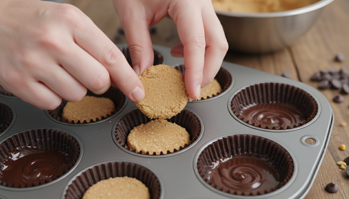 Placing peanut butter discs into cups
