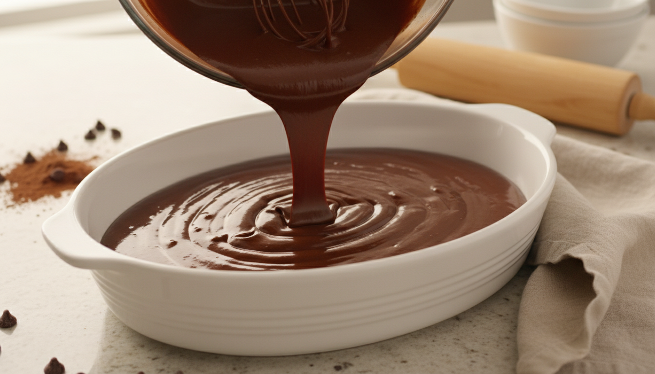 Pouring batter into oval baking dish