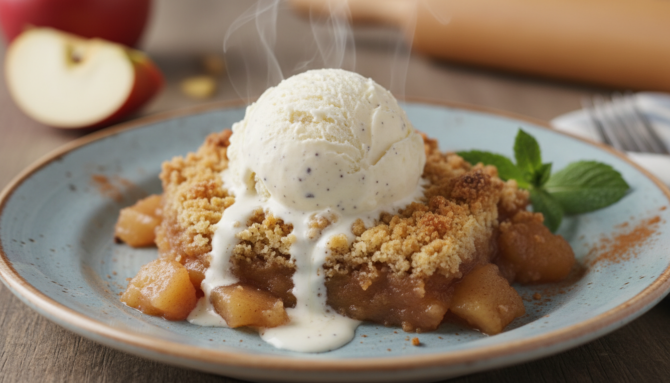 Serving apple crumble with vanilla ice cream