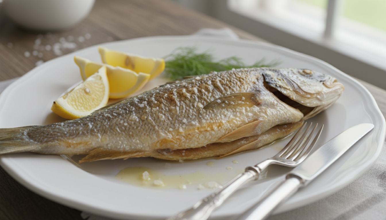Plated grilled fish with lemon