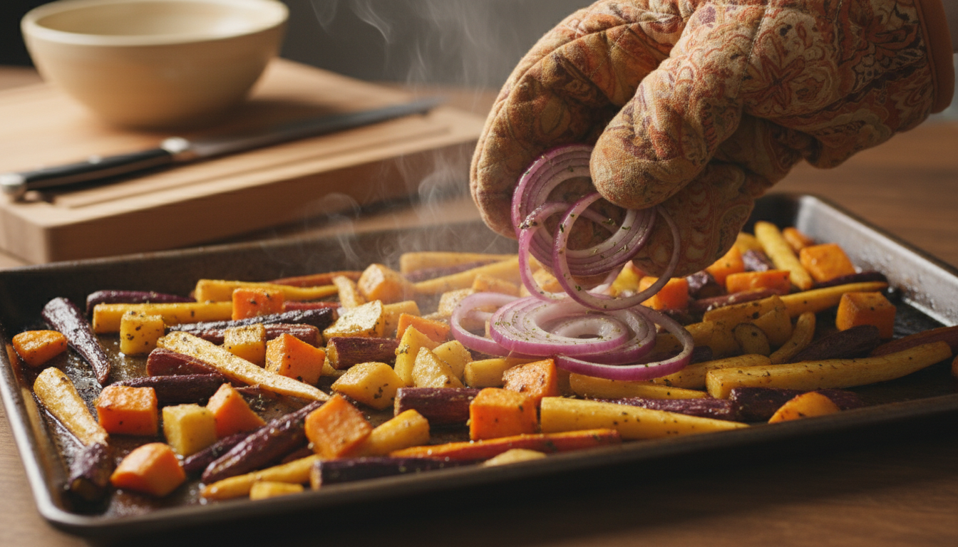 Adding red onions to the partially roasted vegetables