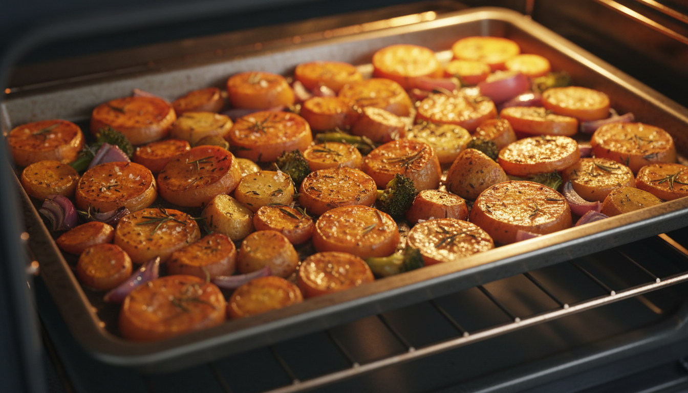 Vegetables roasting in the oven until golden brown