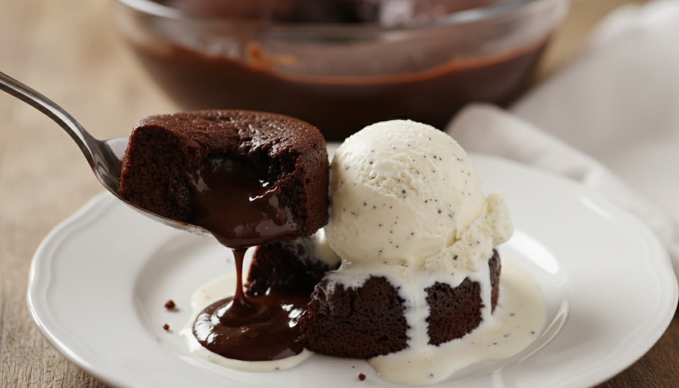 Serving brownie pudding with ice cream