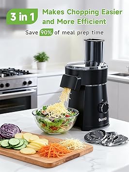 Rallador eléctrico de queso con lanzador de ensaladas, picador de alimentos 3 en 1 y cortador eléctrico de verduras. Motor de 200W, 3 cuchillas, incluye barra de empuje de seguridad, apto para lavavajillas para cocina doméstica (negro)