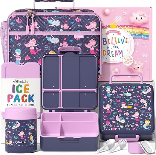 Fimibuke Kids Bento Snack Lunch Box with 4 Compartment, Insulated Bag, Stainless Steel Vacuum Food Jar, Ice Pack, Utensils Set, Birthday Gift for Age 3-12 Back to School Toddler Girl Boy
