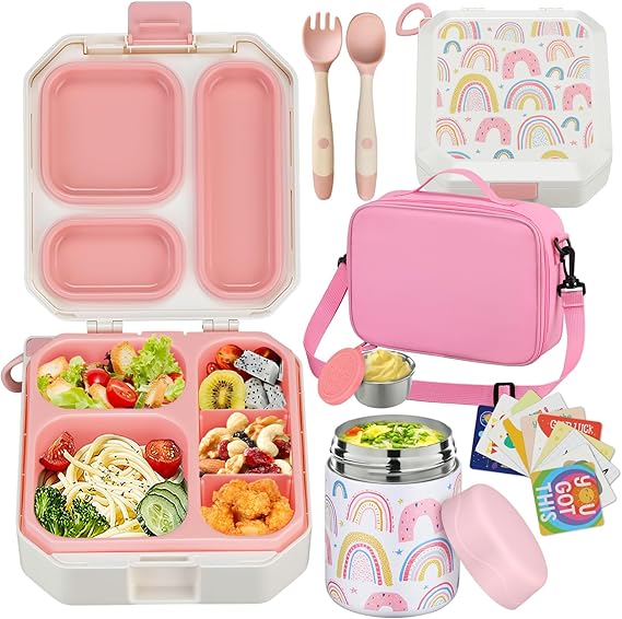 Bento Lunch Box for Kids with 12oz Soup Thermo Leak-Proof Lunch Food Container with 5 Compartment Thermo Hot Food Jar and Insulated Lunch Bag for Kid Toddler Girls Boys to School