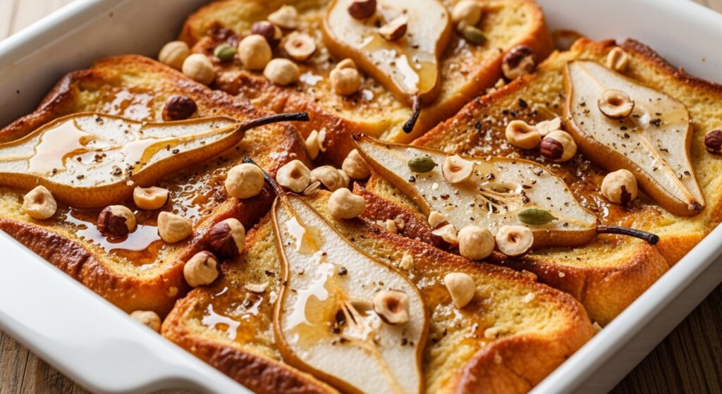 Torrijas de Horno con Peras Caramelizadas y Avellanas
