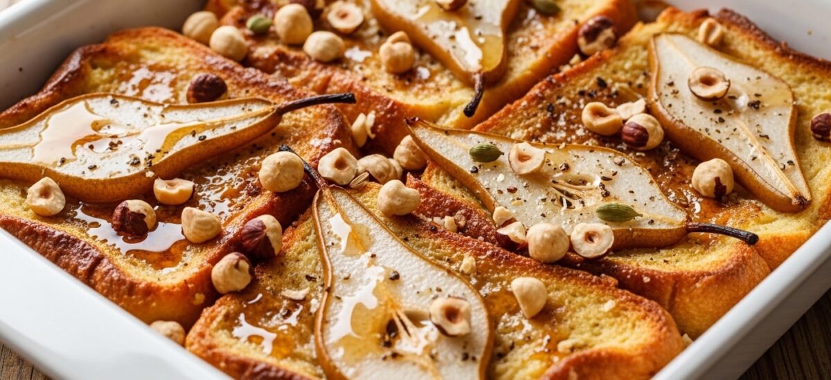 Baked French Toast with Caramelized Pears and Hazelnuts