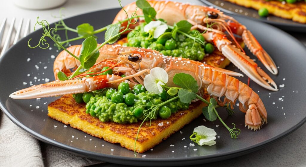 Pan-fried Polenta with Crushed Peas and Succulent Langoustines