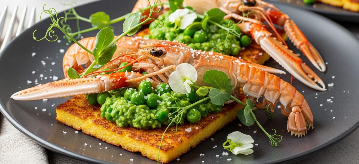 Pan-fried Polenta with Crushed Peas and Succulent Langoustines