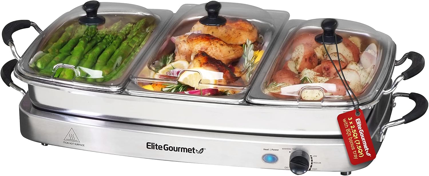 Elite Gourmet EWM-9933 Triple 3 x 2.5 Quart Trays Buffet