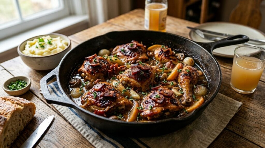 Gebackenes Hähnchen mit Apfelwein und rauchigem Speck