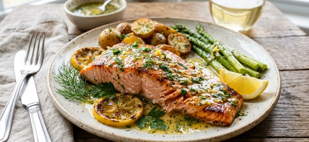 Perfekter gebackener Steelhead-Trout mit würziger Zitronen-Kräuter-Butter-Sauce
