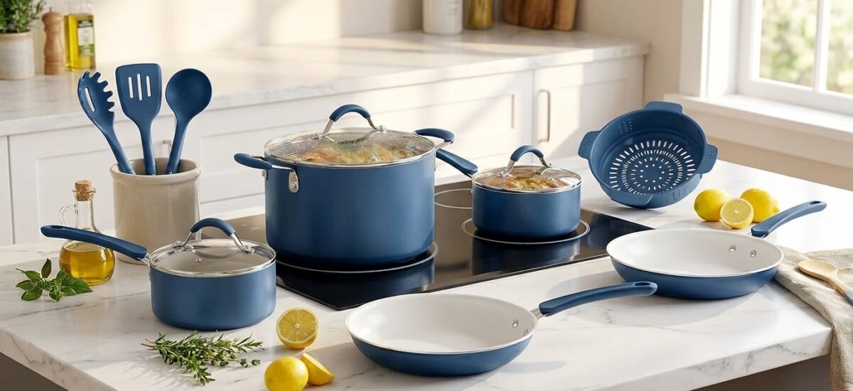 NutriChef 14-Piece Navy Blue Nonstick Cookware Set… Review: Pros & Cons