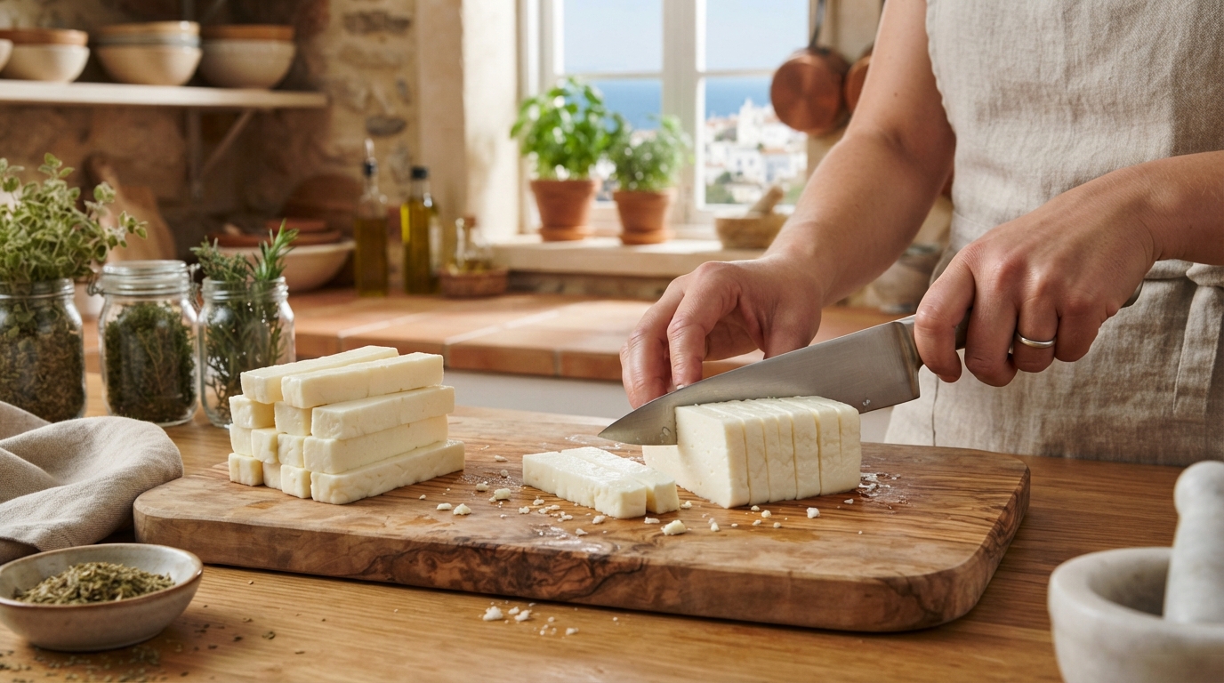Slicing a block of fresh halloumi cheese into uniform fries on a wooden board