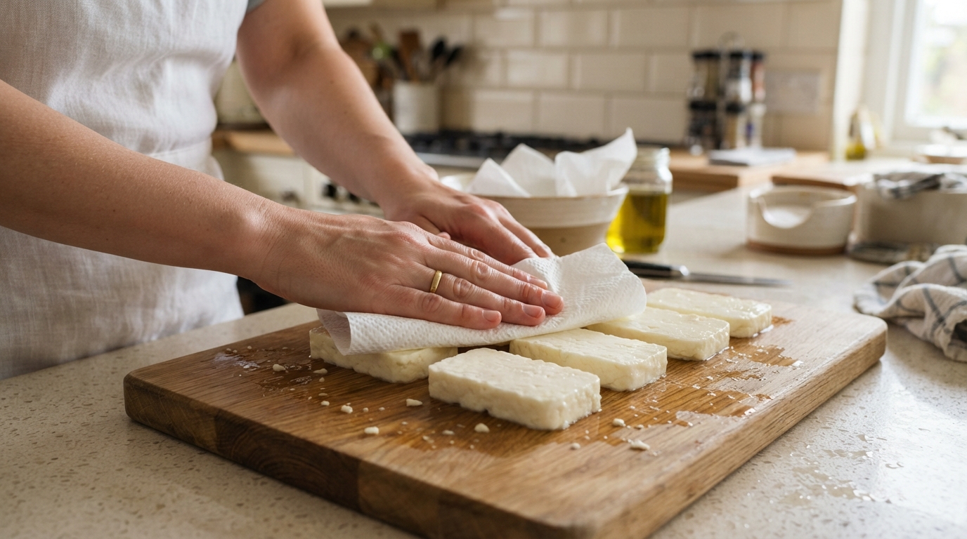 Patting halloumi slices dry with paper towels to ensure crispy air frying