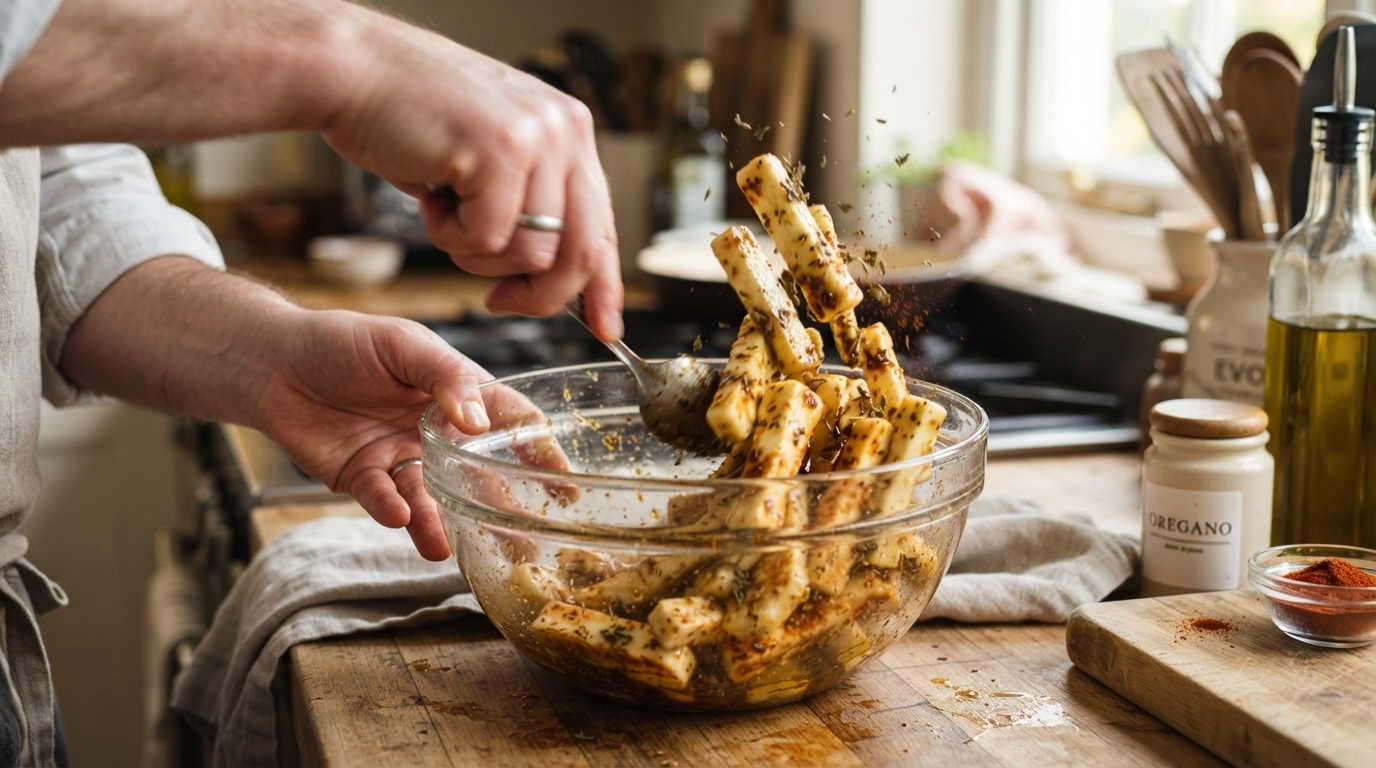 Tossing halloumi cheese sticks in olive oil, oregano, and smoked paprika
