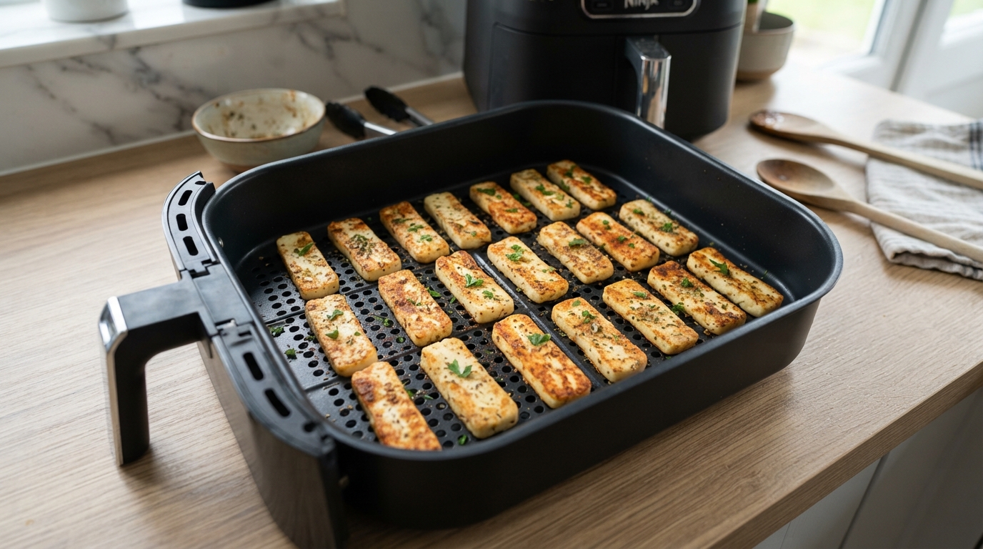 Placing seasoned halloumi sticks in a single spaced layer in the air fryer basket