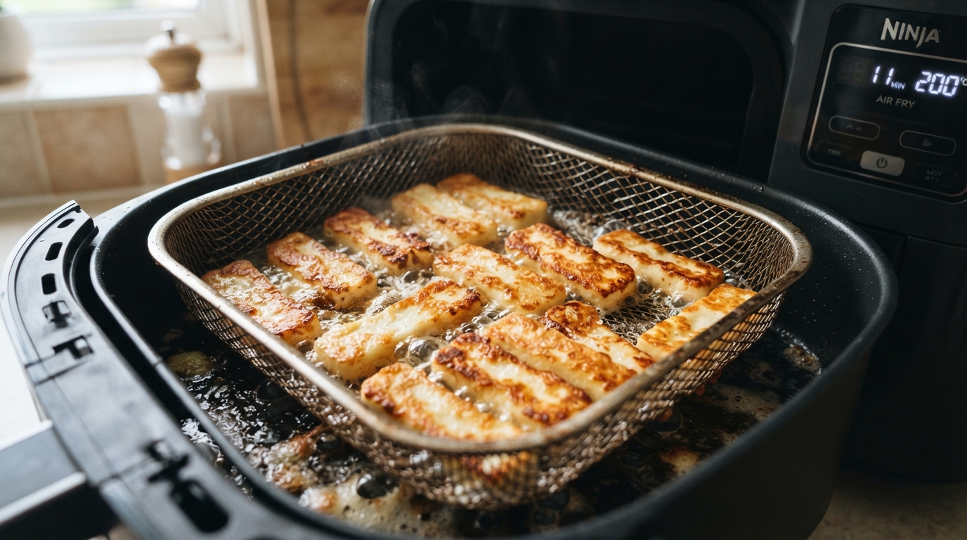 Halloumi cheese sticks cooking and sizzling in the air fryer basket