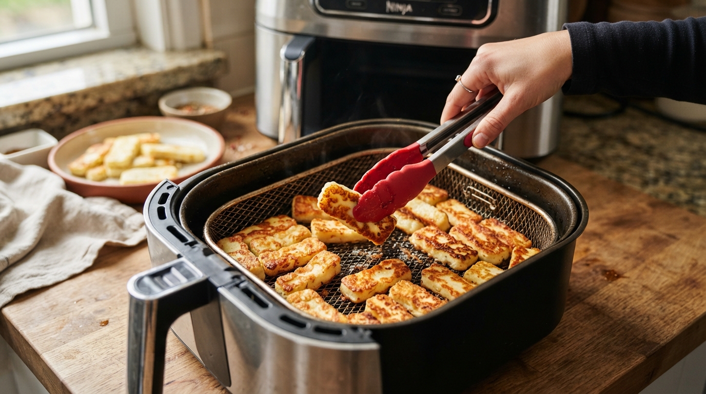 Flipping halloumi fries with silicone tongs to ensure even browning on all sides