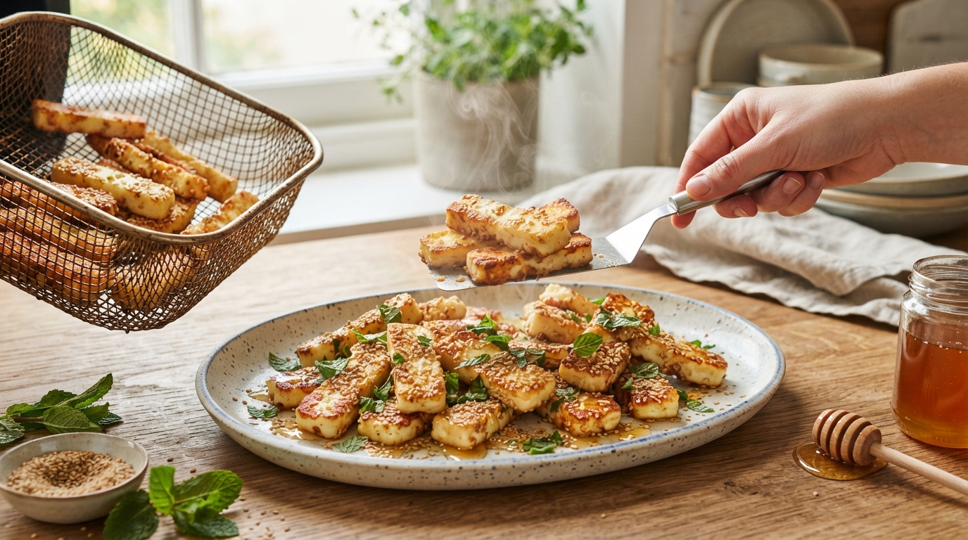 Serving hot crispy air fryer halloumi fries drizzled with honey and sesame seeds