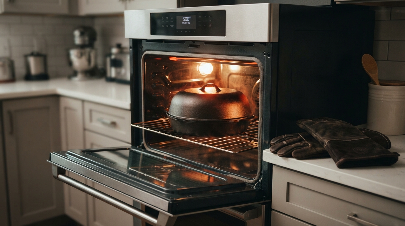 Preheating Heavy Cast Iron Bread Pan in Oven