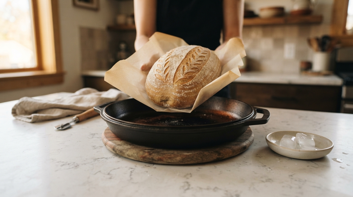 Loading Dough onto Shallow Cast Iron Base