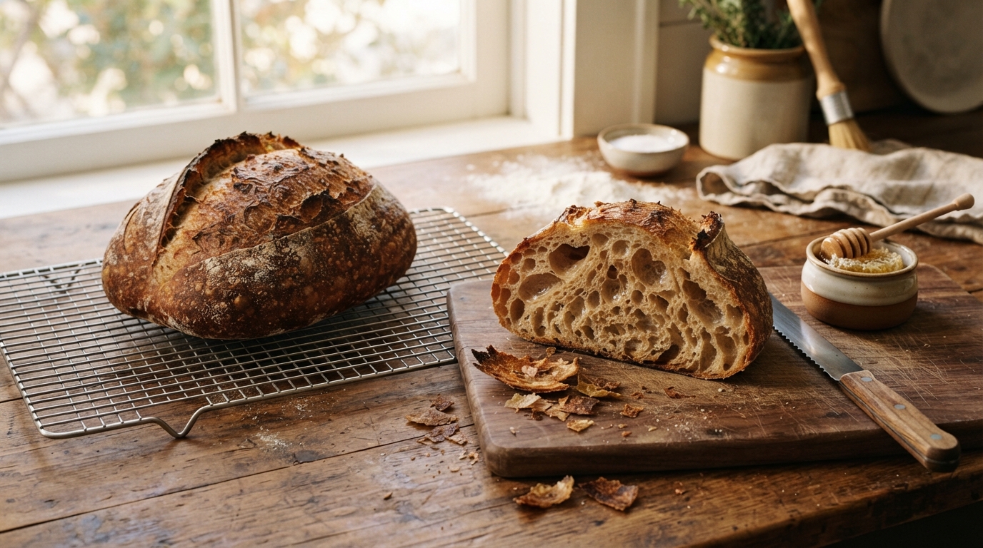 Finished Artisan Sourdough Loaf Sliced Open on Board