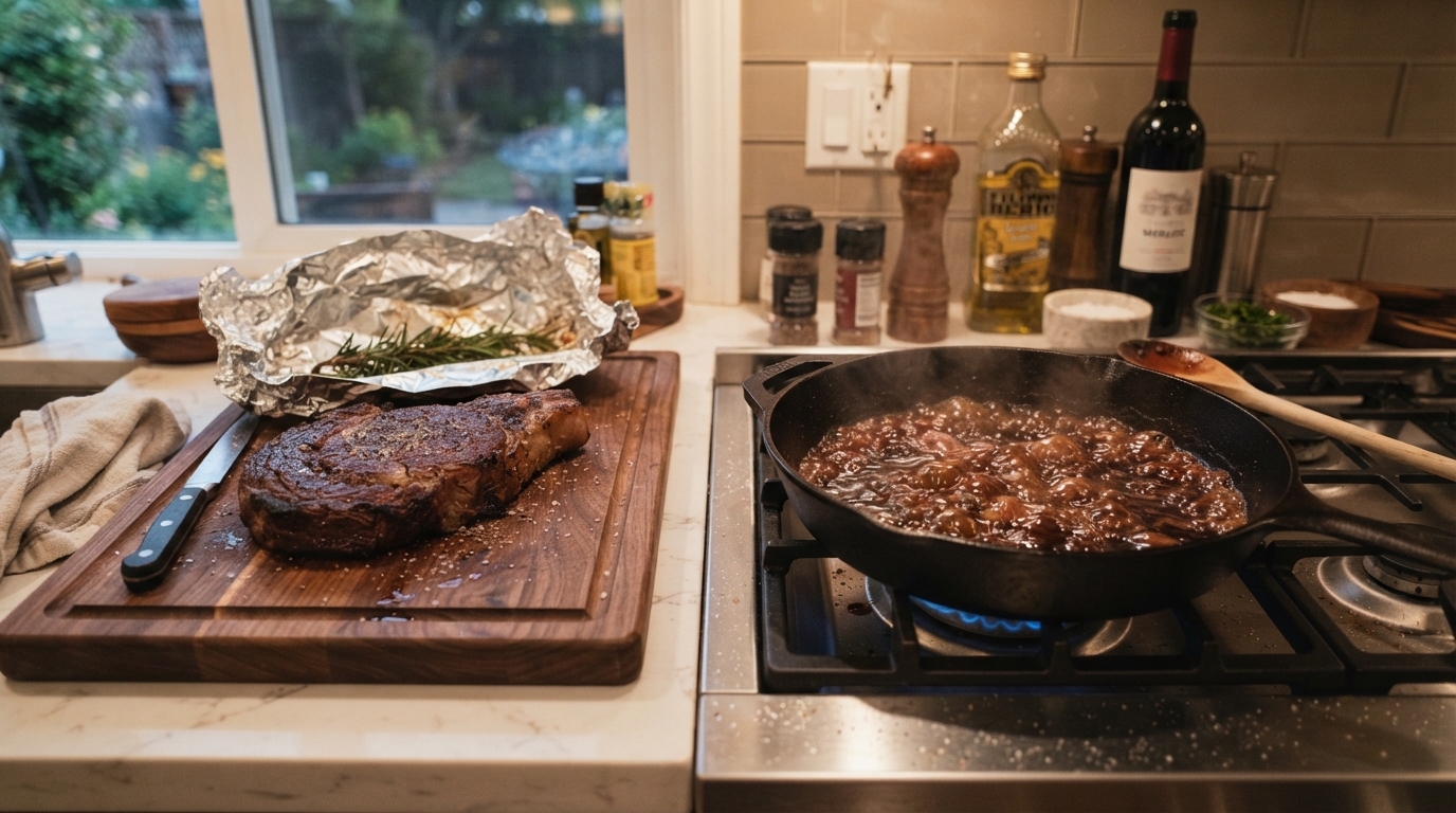 Steak Resting and Pan Sauce Deglazing