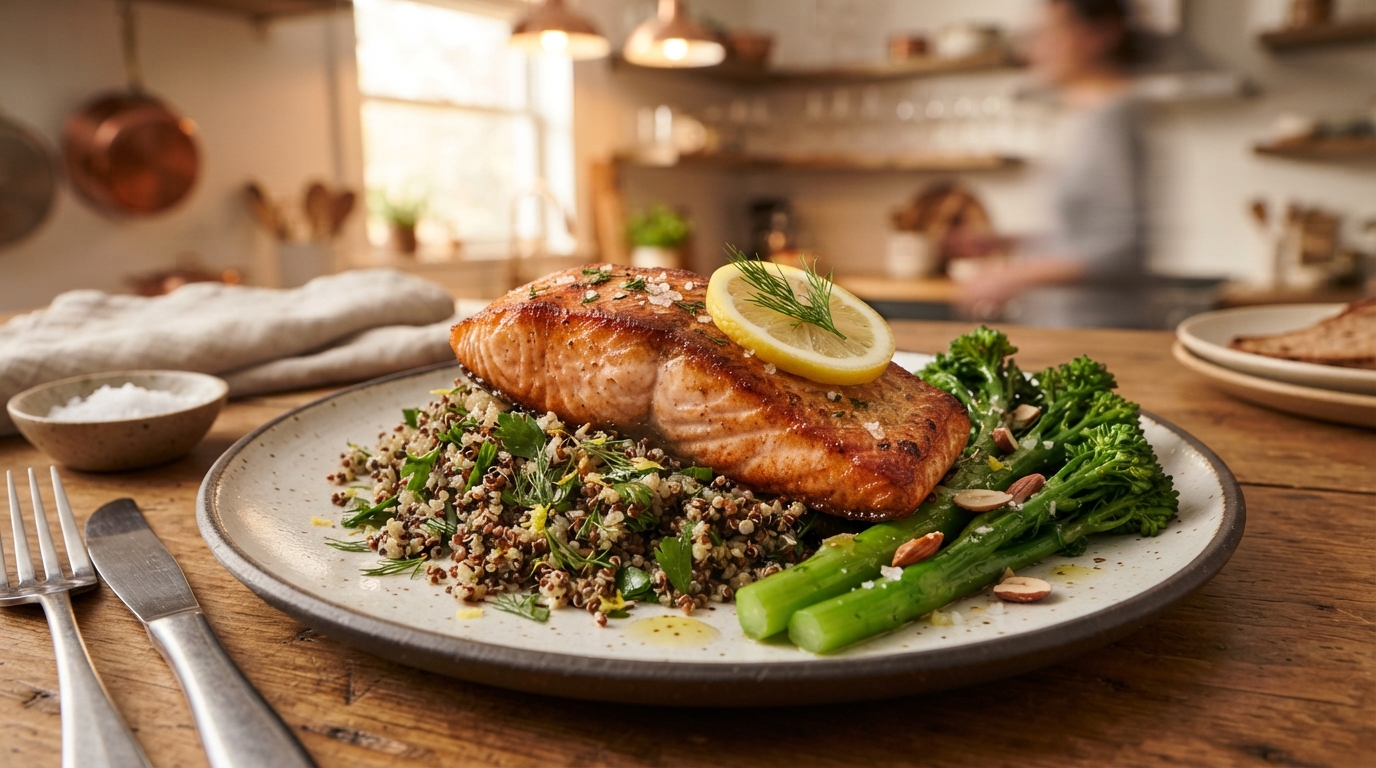 Pan-seared wild Alaskan salmon over herbed tricolor quinoa and steamed broccolini on a ceramic dinner plate