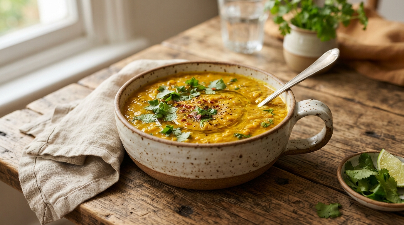Rich golden turmeric red lentil stew garnished with cilantro and extra virgin olive oil swirl in a rustic bowl