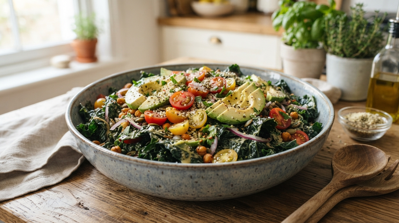 Massaged Tuscan kale salad with ripe sliced avocado, cherry tomatoes, and hemp hearts in a large bowl
