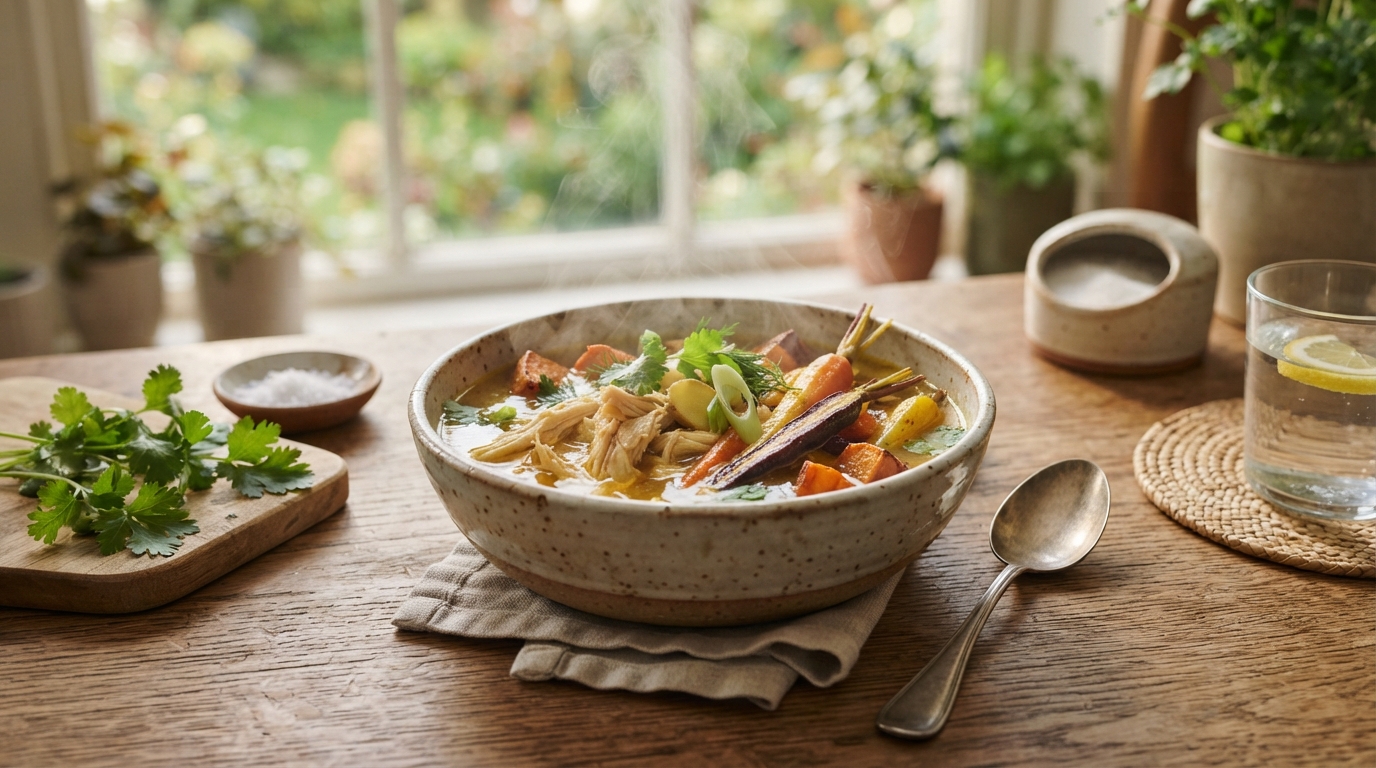 Steaming golden bone broth with ginger and fresh herbs served in a ceramic bowl with roasted root vegetables
