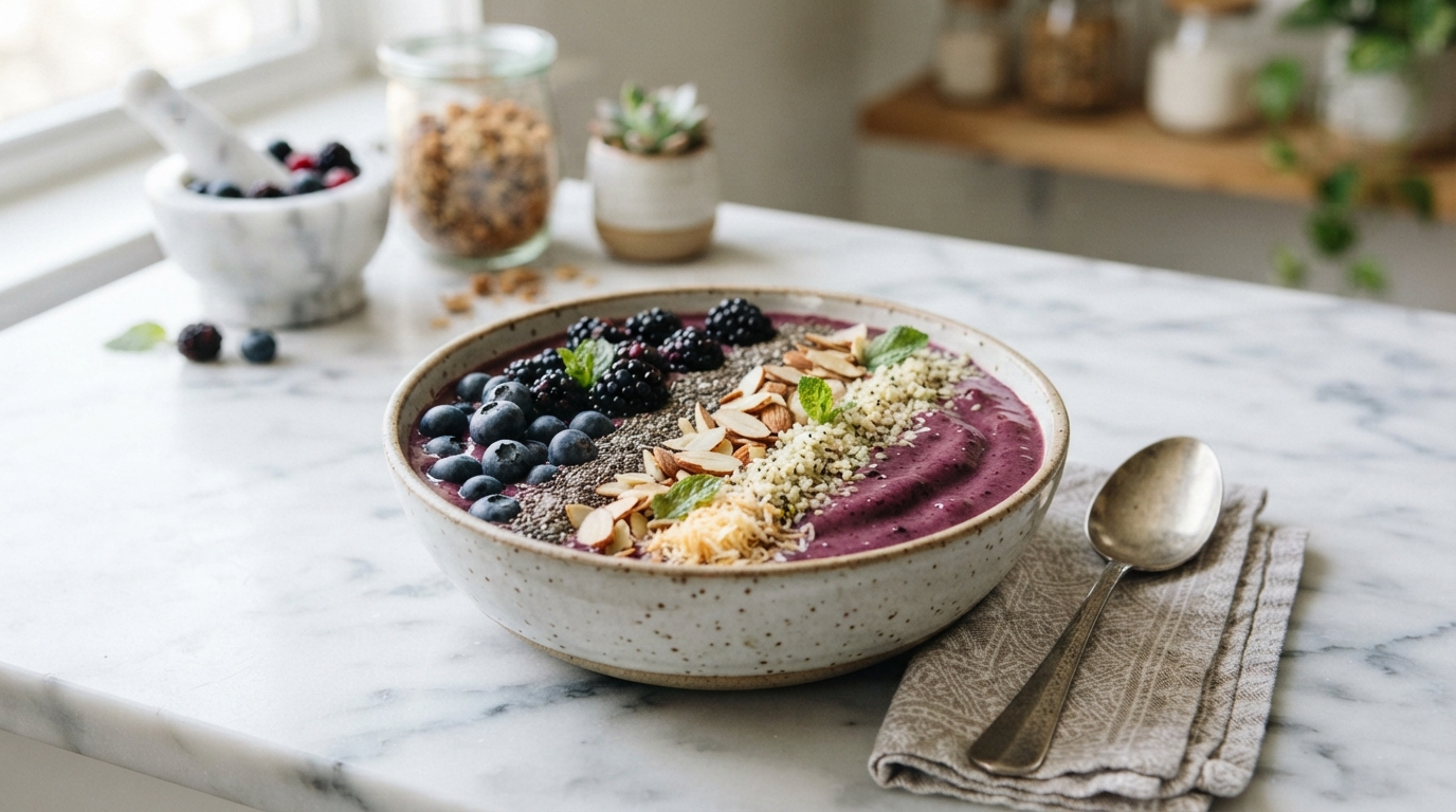 Colorful anti-inflammatory smoothie bowl with wild blueberries, blackberries, chia seeds, and sliced almonds