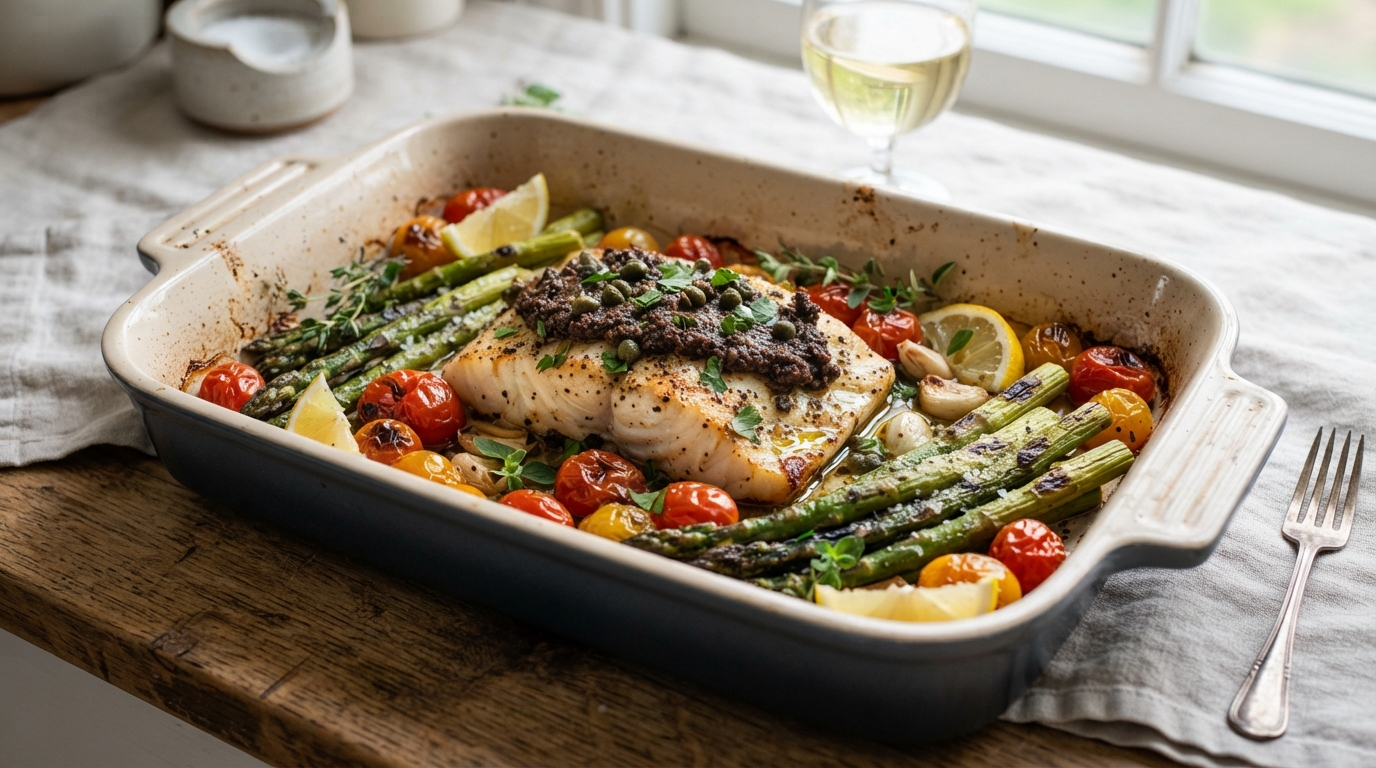 Oven baked wild cod fillet topped with olive tapenade and capers, surrounded by cherry tomatoes and asparagus
