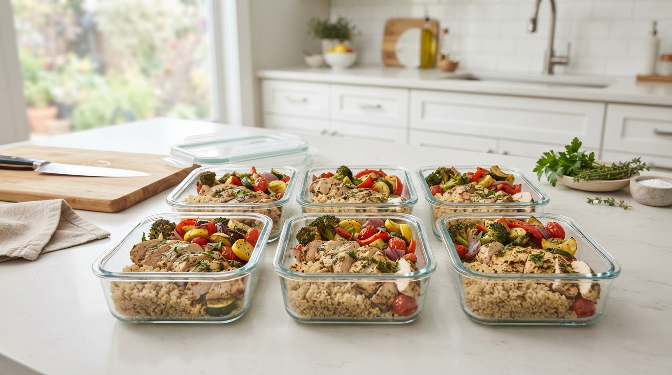 Glass meal prep containers filled with colorful roasted vegetables, grilled chicken breast, and quinoa