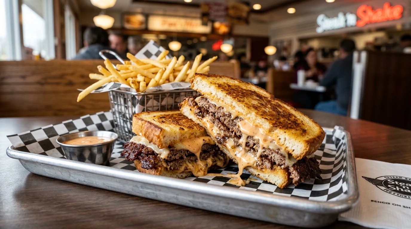 Steak n Shake Frisco Melt burger on golden sourdough Texas toast with smashed beef patties and melted cheese
