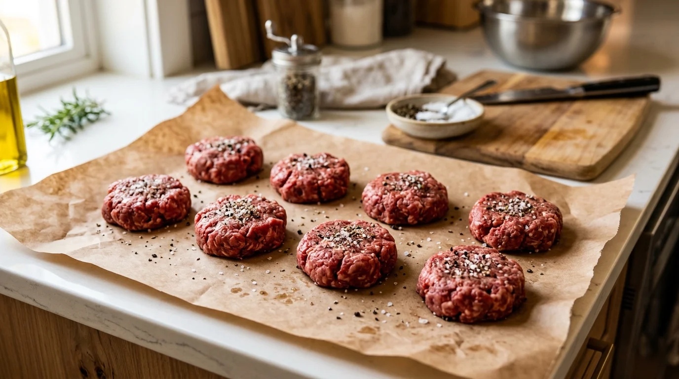 Smashing beef patties on a cast iron griddle for Frisco Melt recipe