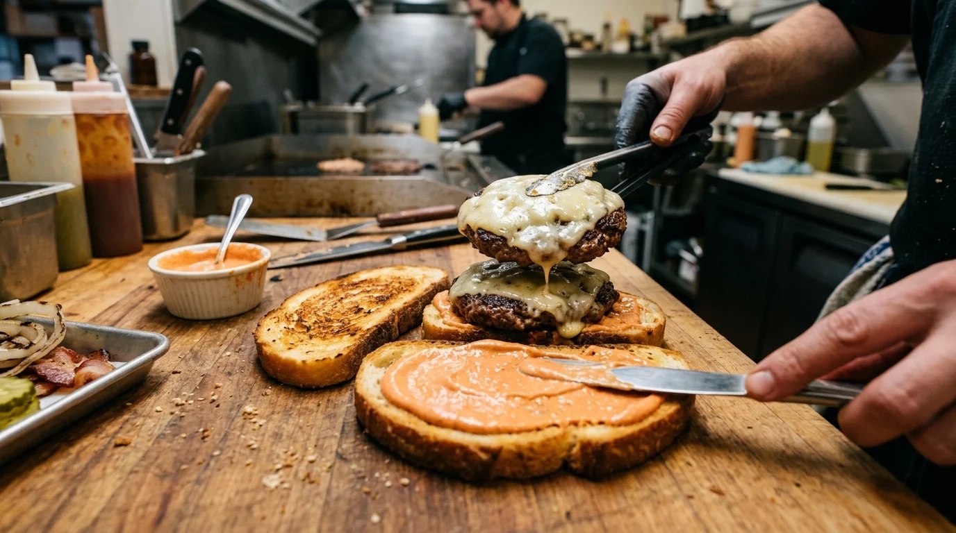 Step 6 Frisco Melt sliced in half revealing double smashed patties and melted cheese