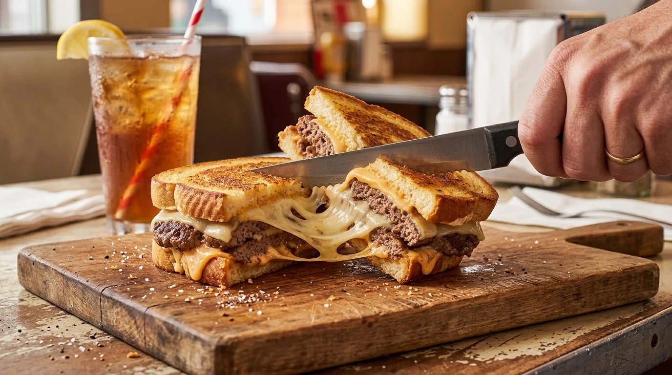 Complete Steak n Shake Frisco Melt plated with fries and milkshake