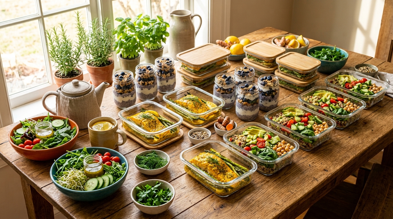 Anti-inflammatory Mediterranean meal plan feast on a rustic wooden table with wild salmon, colorful roasted vegetables, berries, and herbs