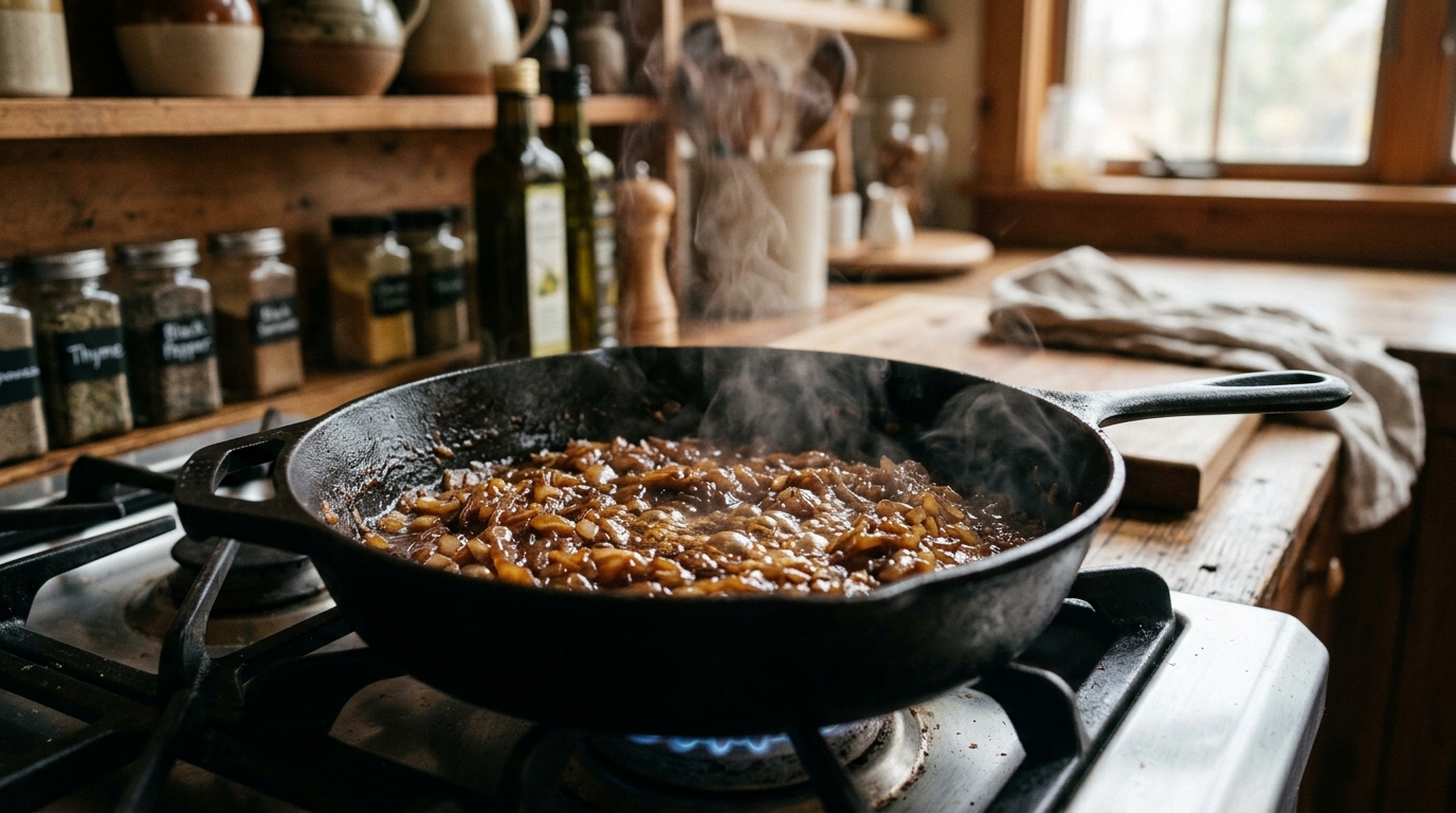 Finely diced yellow onions slowly caramelizing in a cast iron skillet into a rich mahogany jam