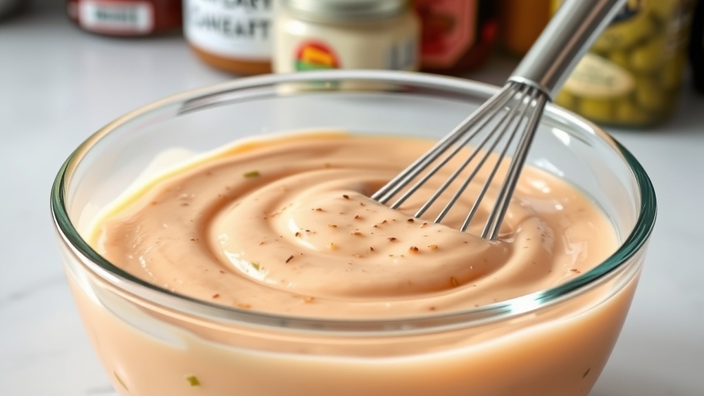Homemade In-N-Out secret animal spread whisked smooth in a glass prep bowl
