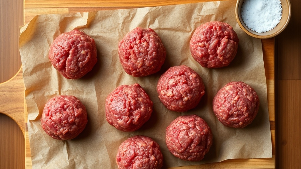 Fresh 80/20 ground chuck beef portioned into loose two-ounce balls on butcher paper
