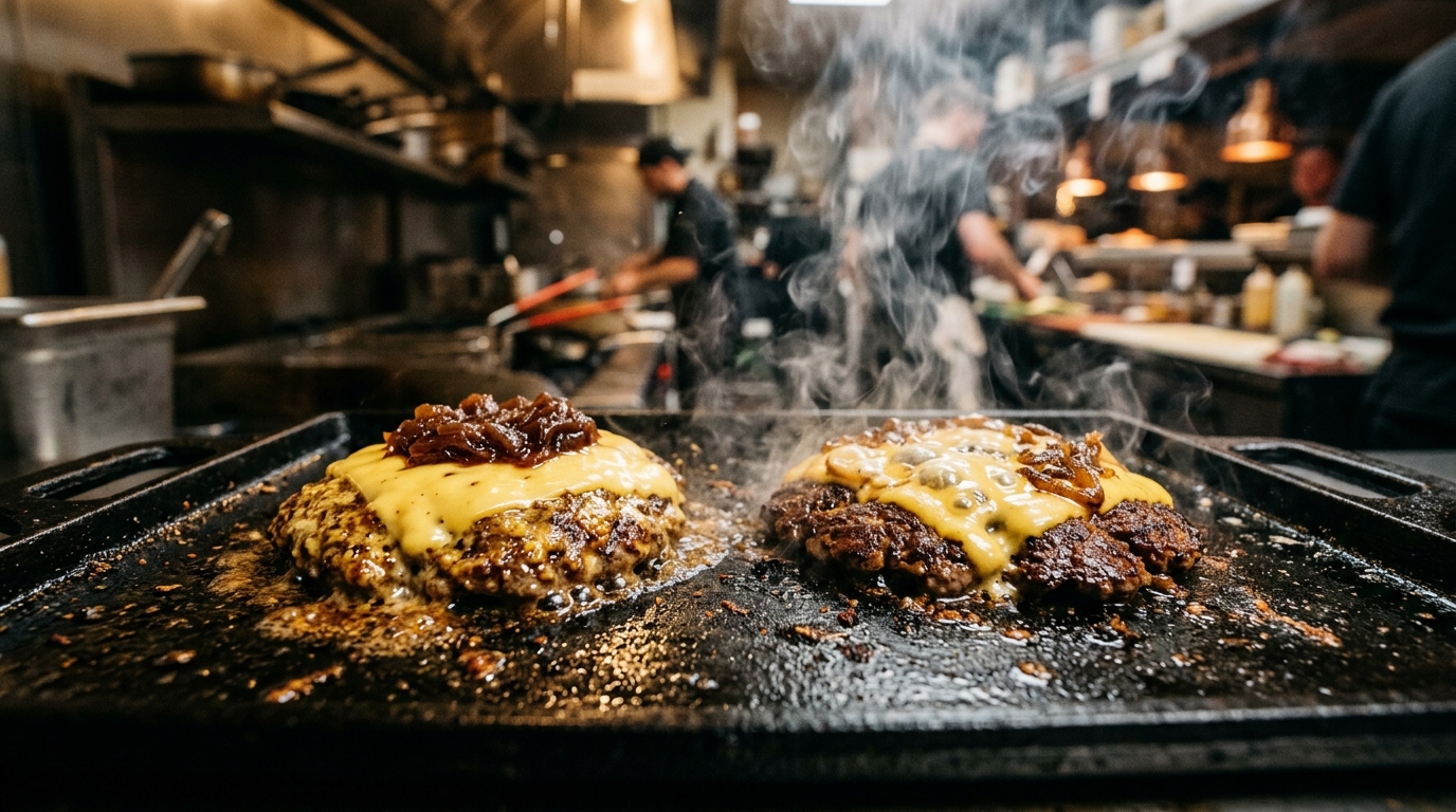 Mustard-seared In-N-Out Animal Style Burger patties sizzling on a cast iron griddle