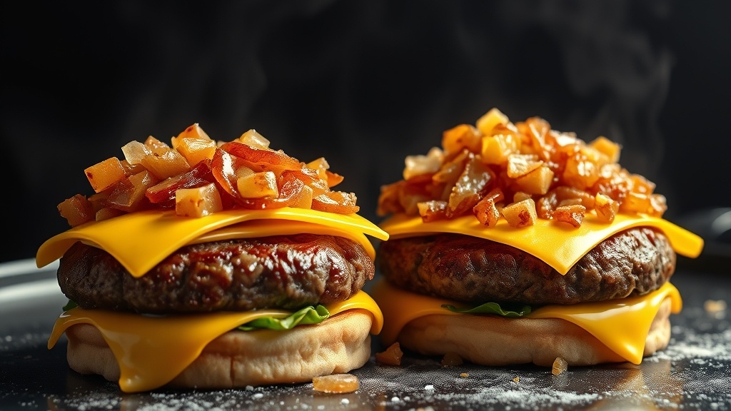Flipped smash burger patties covered in melted American cheese and topped with caramelized onions
