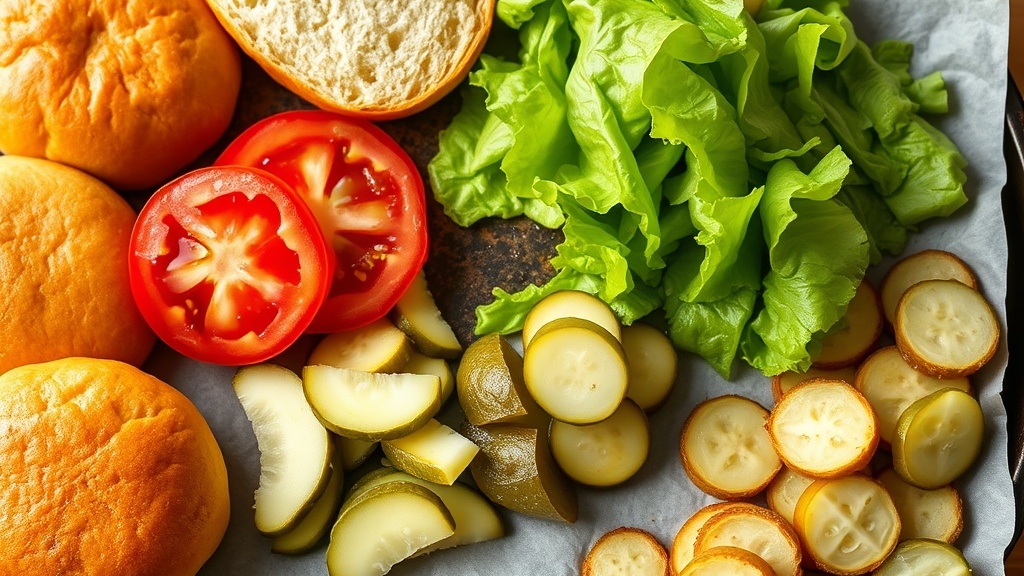 Golden toasted hamburger buns on griddle with crisp lettuce, sliced tomatoes, and dill pickles