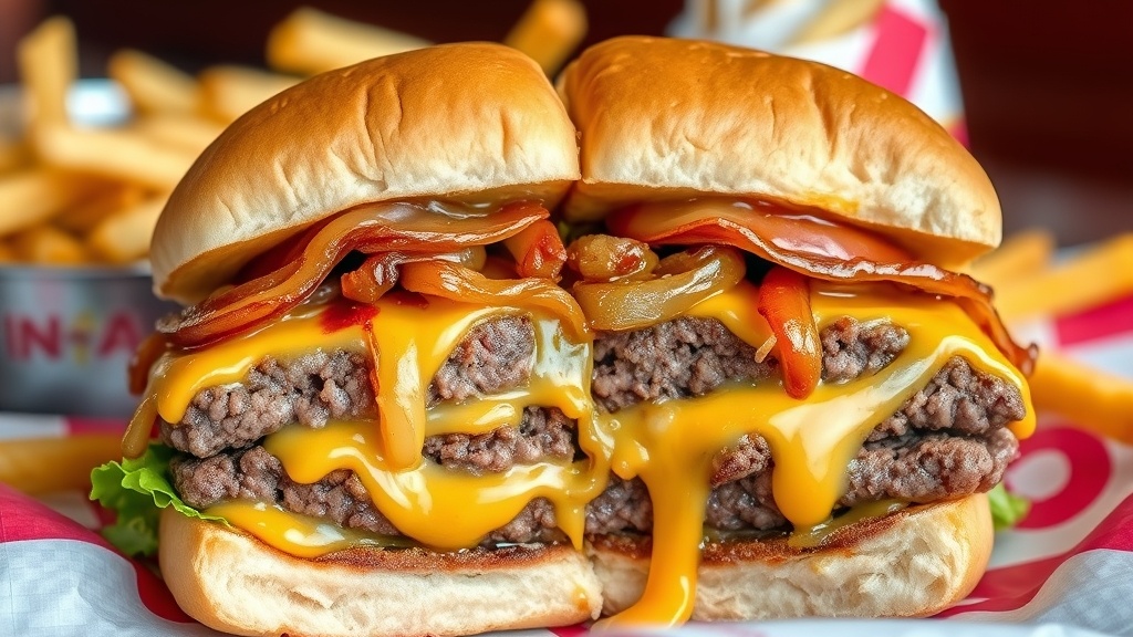 In-N-Out Animal Style Burger cut in half showing cross-section of juicy patties and melting cheese