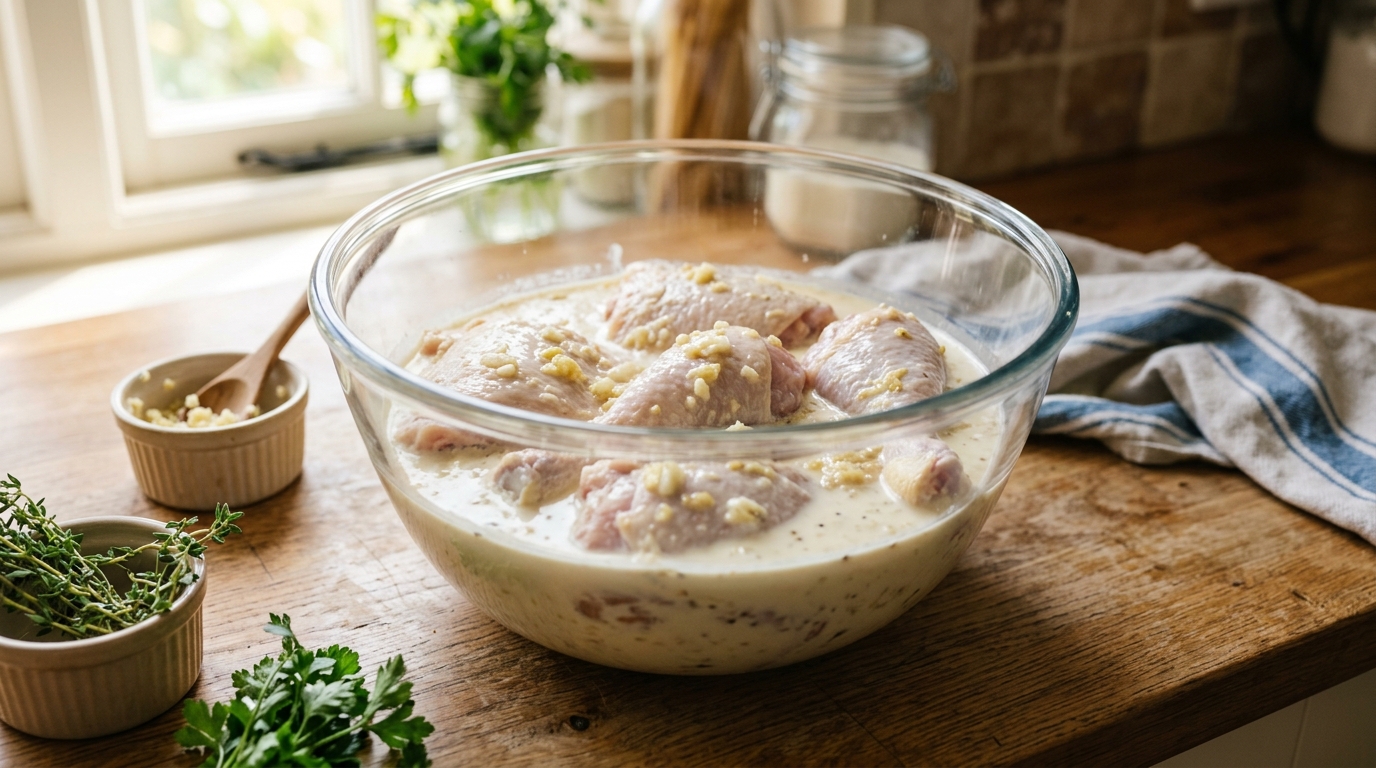 Fresh chicken drumsticks and thighs marinating in evaporated milk, garlic, and ginger for Jollibee Chickenjoy Recipe