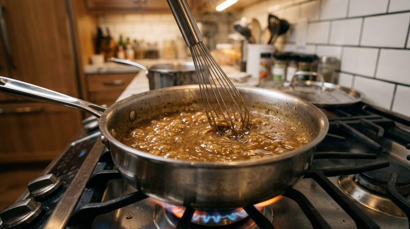 Simmering authentic savory Filipino brown chicken gravy in a saucepan for Jollibee Chickenjoy Recipe